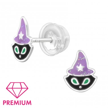 Black Cat with Hat - Premium* - 925 Sterling Silver Ear Studs With Enamel Colors A4S46296