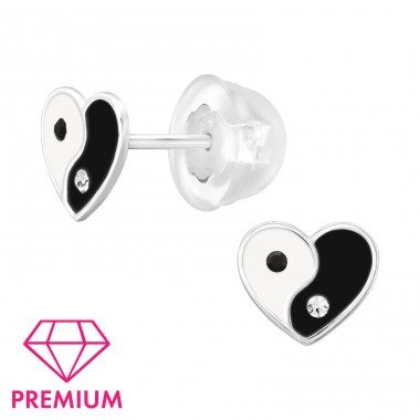 Yin Yang Heart - Premium* - 925 Sterling Silver Ear Studs With Enamel Colors A4S46301