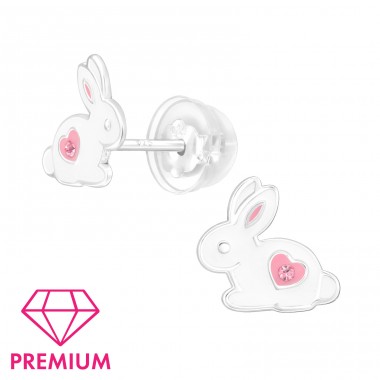 Rabbit with crystal - Premium* - 925 Sterling Silver Ear Studs With Enamel Colors A4S46399