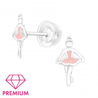 Ballerina with pink dress - Premium* - 925 Sterling Silver Ear Studs With Enamel Colors A4S46428