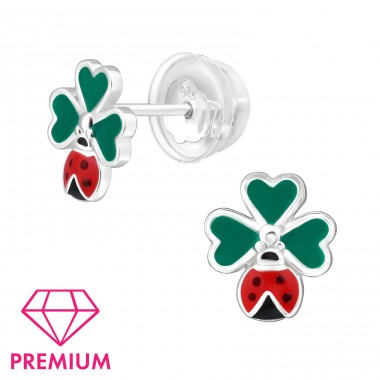 Ladybug And 3 Leaf Clover* Premium  - 925 Sterling Silver Premium Children Ear Studs A4S47709