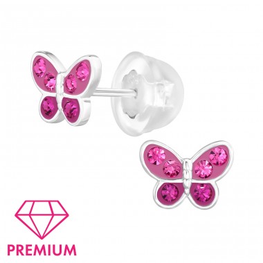 Schmetterling mit rosa Kristallen - Premium* - 925Er Silber Premium Kinder Ohrstecker A4S48714