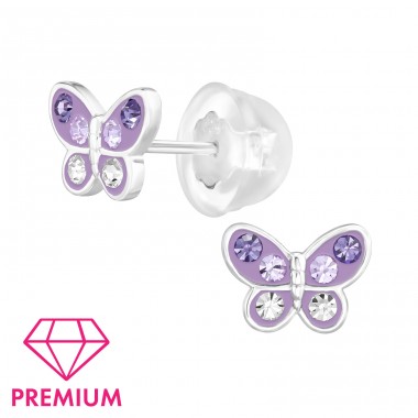 Schmetterling mit lila Kristallen - Premium* - 925Er Silber Premium Kinder Ohrstecker A4S48715