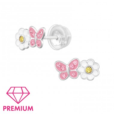 Daisy Flower With Butterfly -Premium* - 925 Sterling Silver Premium Children Ear Studs A4S48772