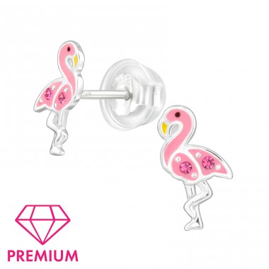 Flamingo mit rosa Kristallen - Premium* - 925Er Silber Premium Kinder Ohrstecker A4S48808