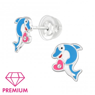 Dolphin With Heart- Premium* - 925 Sterling Silver Premium Children Ear Studs A4S48923