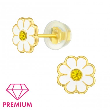 Goldene Gänseblümchen Blume mit Kristall - Premium* - 925Er Silber Premium Kinder Ohrstecker A4S48954