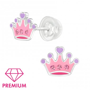 Crown - Premium*  with Crystals - 925 Sterling Silver Premium Children Ear Studs A4S48960