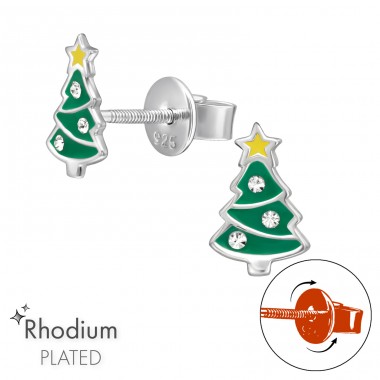 Weihnachtsbaum mit Schraubverschluss rhodiniert - 925Er Silber Premium Kinder Ohrstecker A4S48200