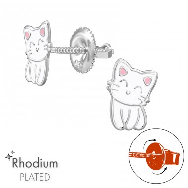 Weisse Katze mit Schraubverschluss rhodiniert - 925Er Silber Premium Kinder Ohrstecker A4S48201