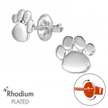 Paw Print with Screw Cap - 925 Sterling Silver Screw Back Ear Studs A4S49298