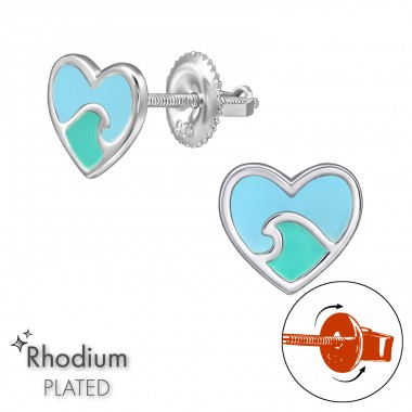 Wave Heart  with Screw Back Ear Studs - 925 Sterling Silver Screw Back Ear Studs A4S49314