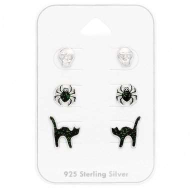 Halloween spider cats and skull on card - 925 Sterling Silver Jewellery Sets For Kids A4S41486