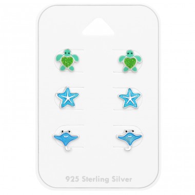 Sea Life Three pairs of ear studs on a card - 925 Sterling Silver Jewellery Sets For Kids A4S47129