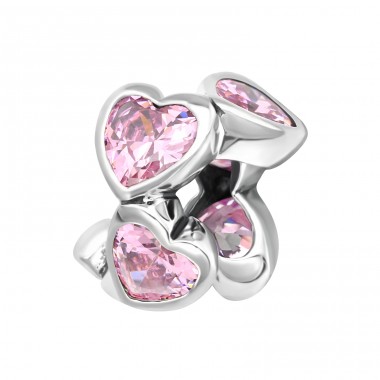 Pink Hearts - 925 Sterling Silver Beads With Zirconia Or Crystal A4S13995