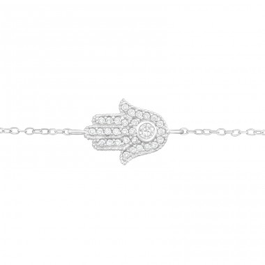 Hamsa hand with Zirconia stones - 925 Sterling Silver Bracelets With Silver Chain A4S43718