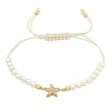 Golden Starfish with Zirconia & Pearls - 925 Sterling Silver + Nylon Cord Bracelets With Cords A4S45728