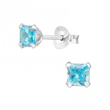 4mm Square blue topaz Zirconia - 925 Sterling Silver Basic Ear Studs A4S45204