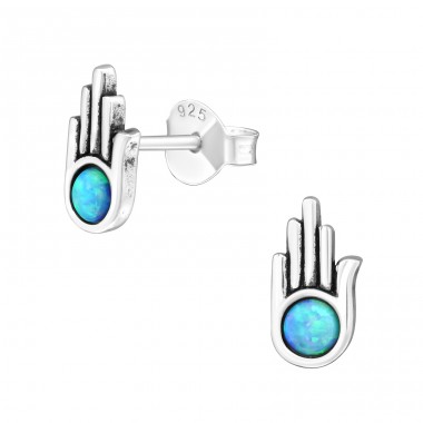 Hamsa Opal - 925 Sterling Silver Ear Studs with semi-precious stones A4S23671