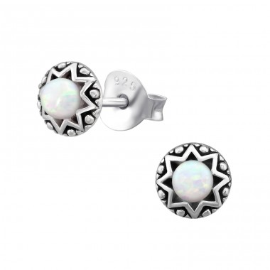 Round Opal - 925 Sterling Silver Ear Studs with semi-precious stones A4S23673