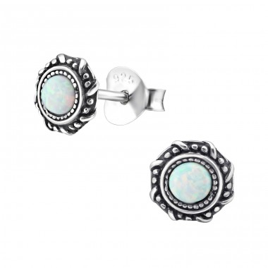 Round Opal - 925 Sterling Silver Ear Studs with semi-precious stones A4S23674