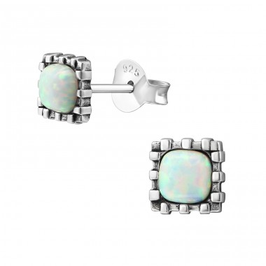 Square Opal - 925 Sterling Silver Ear Studs with semi-precious stones A4S23679