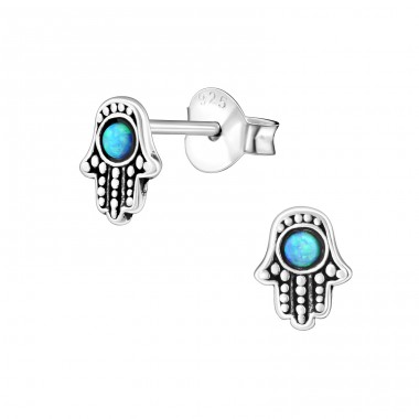 Hamsa Opal - 925 Sterling Silver Ear Studs with semi-precious stones A4S29623