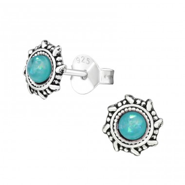 Oxidized - 925 Sterling Silver Ear Studs with semi-precious stones A4S31230