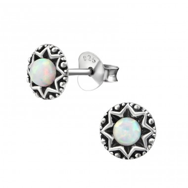 Round Opal - 925 Sterling Silver Ear Studs with semi-precious stones A4S31231