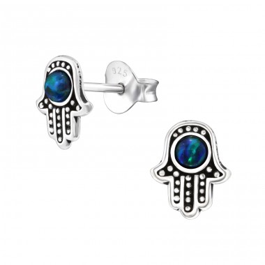 Hamsa Opal - 925 Sterling Silver Ear Studs with semi-precious stones A4S35085