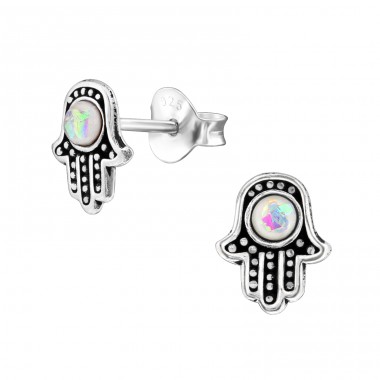 Hamsa - 925 Sterling Silver Ear Studs with semi-precious stones A4S37944