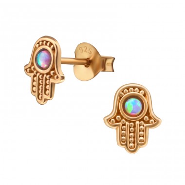 Hamsa - 925 Sterling Silver Ear Studs with semi-precious stones A4S38509