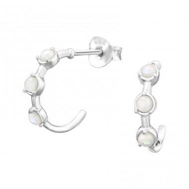 Opal "Fire Snow" on half hoop - 925 Sterling Silver Ear Studs With Semi-Precious Stones A4S43564