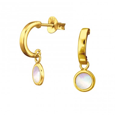 Gold Half Hoop With shell - 925 Sterling Silver Ear Studs With Semi-Precious Stones A4S44229