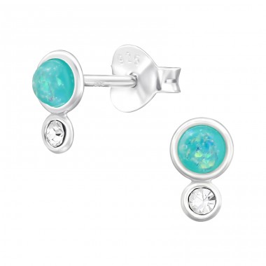 Double Circle Blue Opal - 925 Sterling Silver Ear Studs With Semi-Precious Stones A4S44642