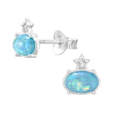 Oval Ear Studs with semi-precious stones - 925 Sterling Silver Ear Studs With Semi-Precious Stones A4S46303