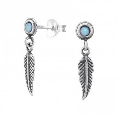 Feather with opal - 925 Sterling Silver Ear Studs With Semi-Precious Stones A4S46890