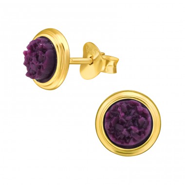 Golden Round with stone - 925 Sterling Silver Ear Studs With Semi-Precious Stones A4S46973