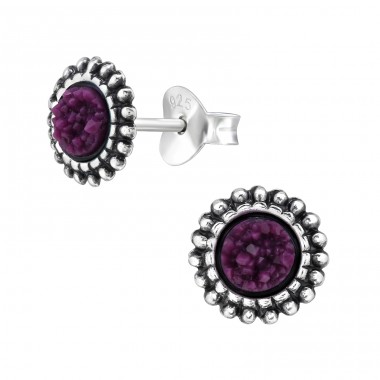 Oxidized Round with sparkles - 925 Sterling Silver Ear Studs With Semi-Precious Stones A4S46974