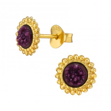 Golden Round - 925 Sterling Silver Ear Studs With Semi-Precious Stones A4S46975