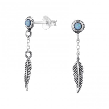 Feather with Opal - 925 Sterling Silver Ear Studs With Semi-Precious Stones A4S47066