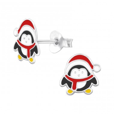 Penguin with Christmas Hat - 925 Sterling Silver Ear Studs With Semi-Precious Stones A4S47660