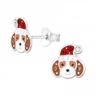 Dog with Christmas hat - 925 Sterling Silver Ear Studs With Semi-Precious Stones A4S47662