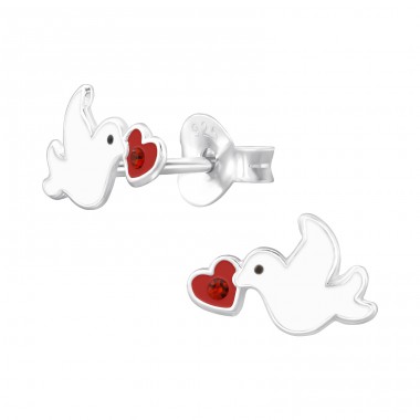 ฺBird with Red Heart - 925 Sterling Silver Ear Studs With Semi-Precious Stones A4S47726