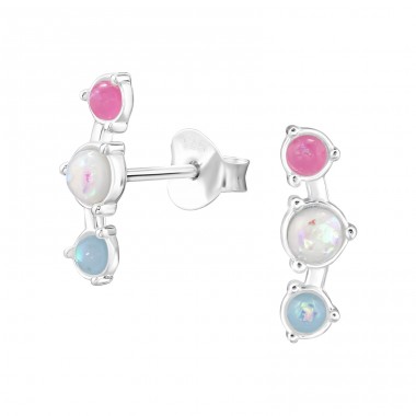 Curved Round  with semi-precious stones - 925 Sterling Silver Ear Studs With Semi-Precious Stones A4S48309