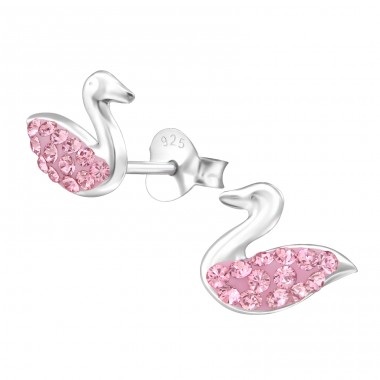 Swan  With Genuine European Crystals - 925 Sterling Silver Lacrystale Silver Ear Studs A4S24688