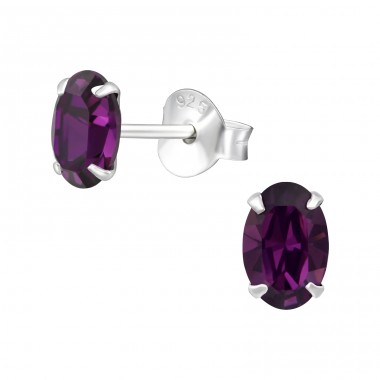 Oval  With Genuine European Crystals - 925 Sterling Silver Lacrystale Silver Ear Studs A4S27749