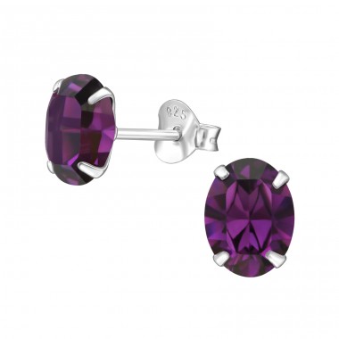 Oval  With Genuine European Crystals - 925 Sterling Silver Lacrystale Silver Ear Studs A4S27750