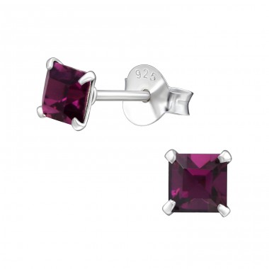 Square  With Genuine European Crystals - 925 Sterling Silver Lacrystale Silver Ear Studs A4S29473