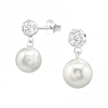 Ball With Hanging Synthetic Pearl And Crystal - 925 Sterling Silver Ear Studs with Crystal stones A4S38650